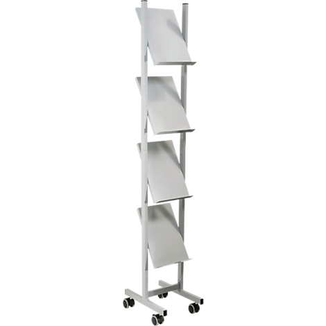 White magazine rack with four shelves, on castors.