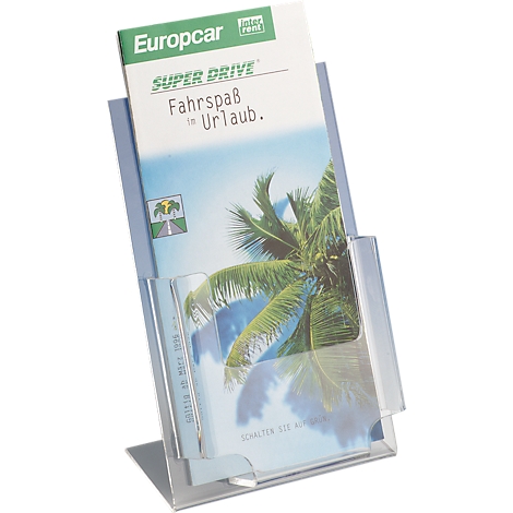 Transparent brochure holder with a brochure, reading "Fahrspaß für Urlaub".