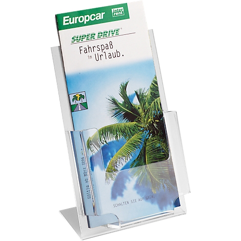 Transparent brochure stand with brochures from Europcar. Print: Super Drive, fun driving to holiday.
