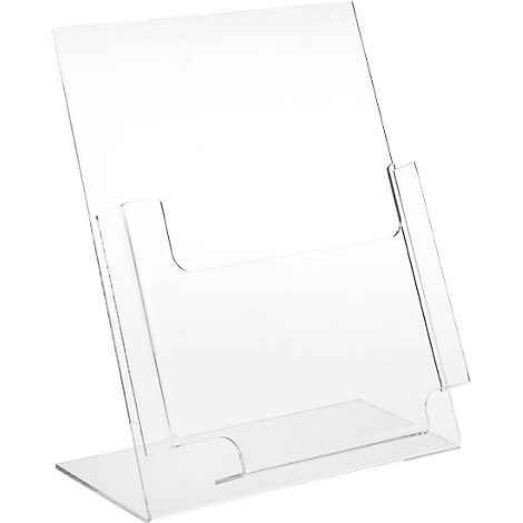 Clear brochure holder. A transparent holder with a slightly angled front and a pocket.