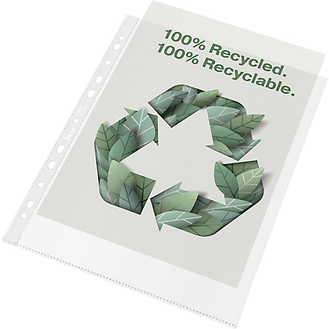 Transparent document sleeve with recycling symbol and text: 100% Recycled. 100% Recyclable.
