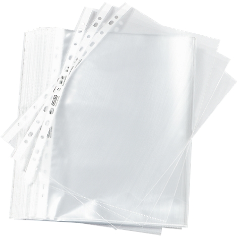 Close-up of transparent document sleeves, perforated for filing.