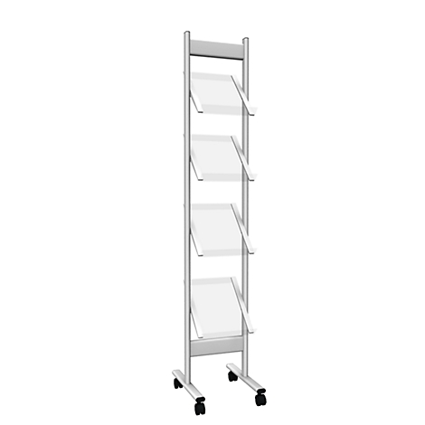 Gray brochure stand with four compartments. The shelves are angled to facilitate the insertion and removal of brochures. On castors.