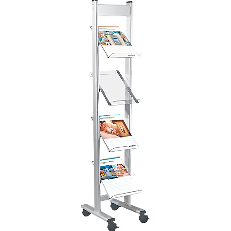 A silver brochure stand with four compartments, filled with brochures, stands on wheels.