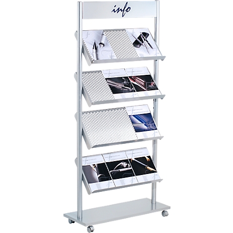 Silver brochure stand with four levels holding flyers with product images. At the top, "info" is written in blue.