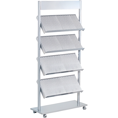 A silver brochure stand with four slanted shelves. The shelves are perforated with small holes. On castors.