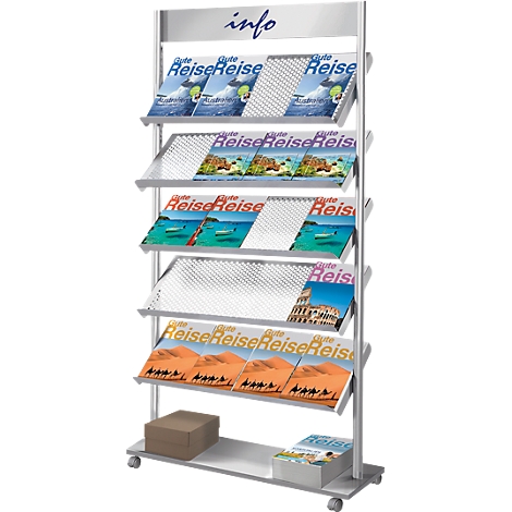 Silver brochure stand with travel brochures. Inscription: Info, Good travel trip.