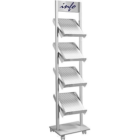Silver brochure stand with four shelves, with the word "info" above.