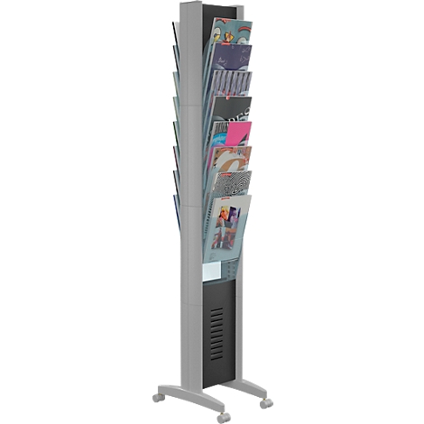 Gray magazine rack with multiple compartments for magazines and brochures.