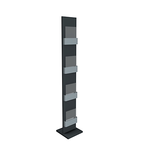 Grey advertising product. Black stand with several gray shelves for brochures.