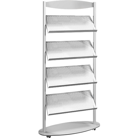 Silver brochure holder with perforated shelves. On castors.