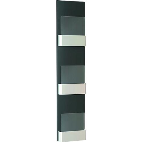 Vertical anthracite radiator with three white shelves.