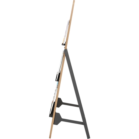 Een grijze ezelstandaard die documenten vasthoudt, in profiel. Houten frame, zwarte metalen structuur.