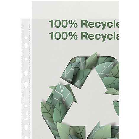 Bladrecyclingsymbool op lichte achtergrond, met de woorden '100% Recycle'.
