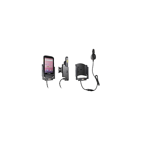 Drei Ansichten einer Gerätehalterung für ein mobiles Datenerfassungsgerät, ein schwarzes Gerät mit angeschlossenem Ladekabel.