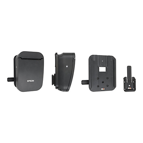 Verschiedene schwarze Geräte, Drucker und Halterungen, vor weißem Hintergrund. Das Epson-Logo ist sichtbar.