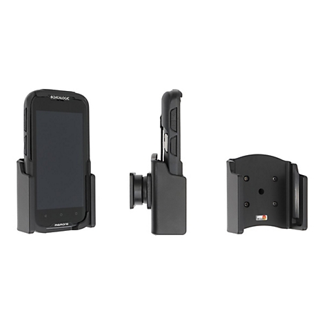 Drei Ansichten eines schwarzen Barcode-Scanners in Halterungen. Der Scanner ist links, daneben die Seitenansicht mit Halterung, rechts die Halterung.