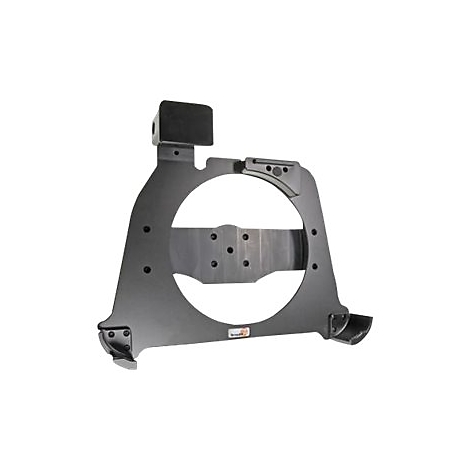 Schwarze Metallhalterung mit rundem Loch und mehreren Befestigungspunkten; ein schwarzer Gummipuffer am oberen Teil.