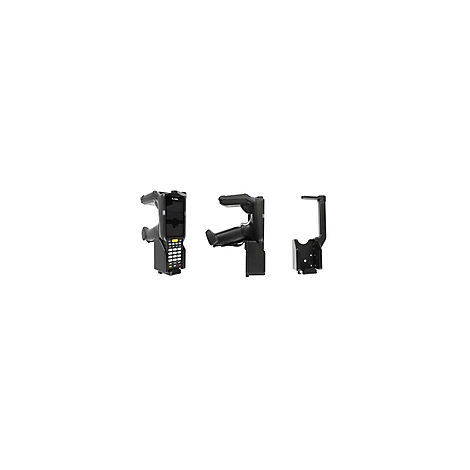 Drei Ansichten eines schwarzen Barcode-Scanners und einer Halterung. Der Scanner hat ein Display und Tasten. Beide Halterungen sind aus Metall.
