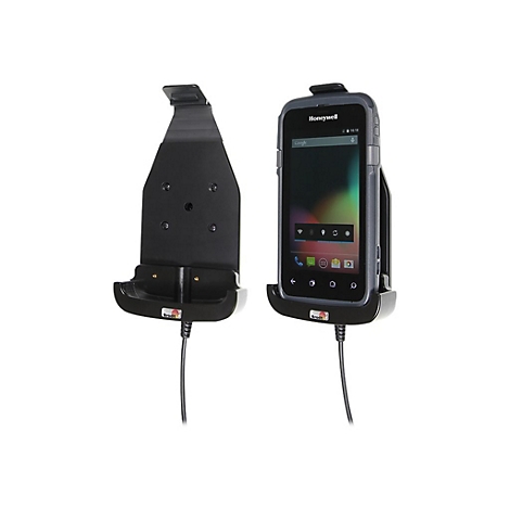 Schwarze Brodit Gerätehalterung mit Ladekabel, einmal leer und einmal mit eingesetztem Honeywell Mobilgerät.
