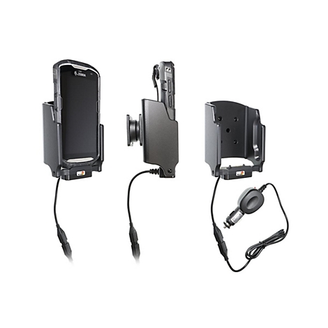 Halterung für Zebra-Geräte in drei Ansichten mit Ladekabel und Kfz-Stecker.