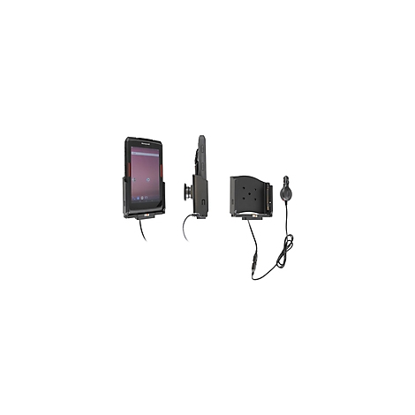 Mehrere Ansichten einer schwarzen Tablet-Halterung mit Ladekabel. Das Tablet ist im Halter befestigt.