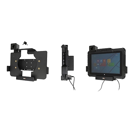 Schwarze Tablet-Halterung in drei Ansichten, Tablet mit App-Symbolen. Kabelanschluss unten.