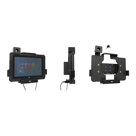 Drei Ansichten eines schwarzen Tablet-Halters. Links ein Tablet in der Halterung, Mitte Halter von der Seite, rechts der Halter ohne Tablet.