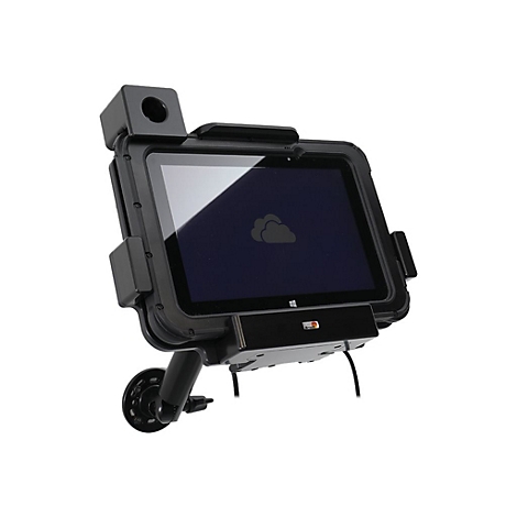 Ein schwarzes Tablet in einer Halterung. Auf dem Display ist ein Wolkensymbol zu sehen, es ist vor einem weißen Hintergrund abgebildet.