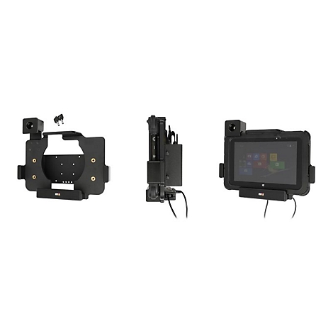 Drei Ansichten einer schwarzen Tablet-Halterung, im Vordergrund ein Tablet mit App-Symbolen.