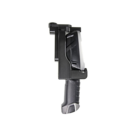 Ein schwarzes Handgerät in einer Halterung mit Griff, Display und Tasten. Hintergrund weiß.