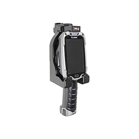 Handscanner von Zebra in Halterung, schwarzer Griff, Display, Logo.