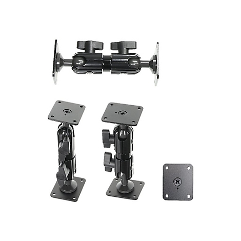 Mehrere schwarze Kugelgelenkhalterungen auf weißem Hintergrund, teilweise montiert, detaillierte Ansichten.