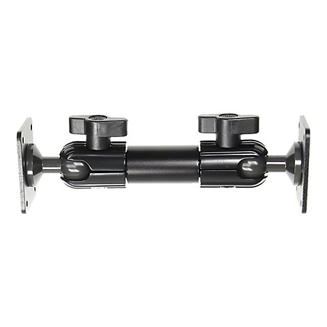 Schwarze, winkelverstellbare Halterung mit zwei Schraubklemmen und quadratischen Basisplatten.