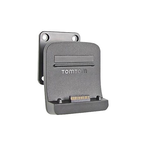 Schwarze TomTom-Halterung, mit Metallkontakten und dem TomTom-Logo.