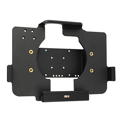 Schwarze Halterung mit Schrauben und einer Aussparung für ein Gerät.