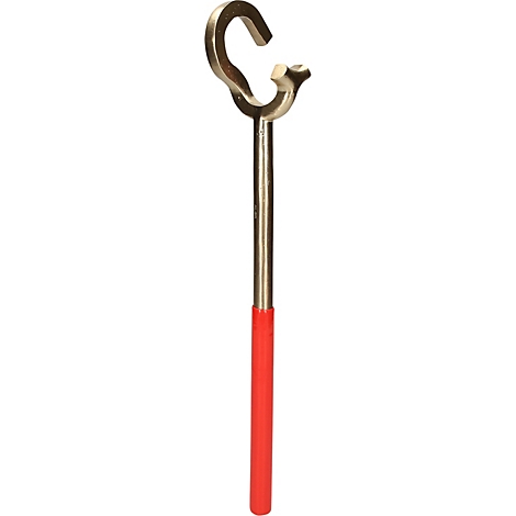 Metallwerkzeug mit Haken und rotem Griff. Das Werkzeug hat eine gebogene Form und wirkt robust.