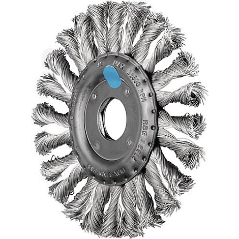Brosse métallique avec des soies en fil d'acier. Au centre, un disque gris avec un trou, des inscriptions et un point bleu.