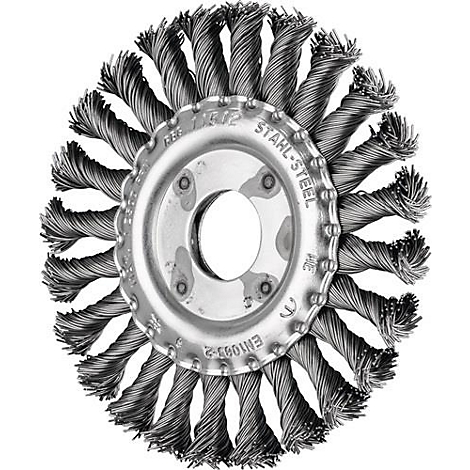 Brosse métallique avec des extrémités de fil courbées. L'inscription STAHL-STEEL est visible au milieu.