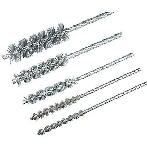 Cinq brosses métalliques de différents modèles, disposées en diagonale du bas à gauche vers le haut à droite.