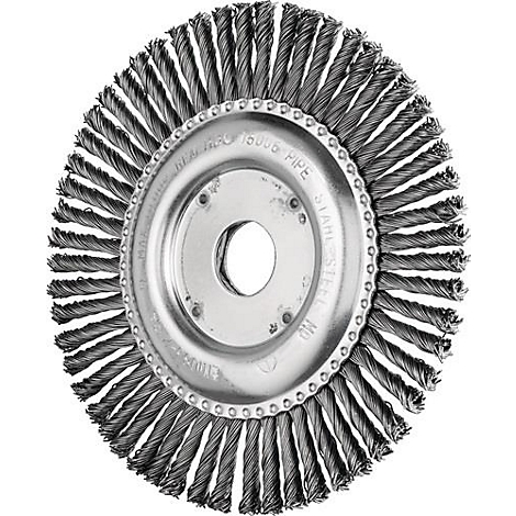 Brosse métallique ronde en acier. Texte : Acier inoxydable, 15000 RPM.
