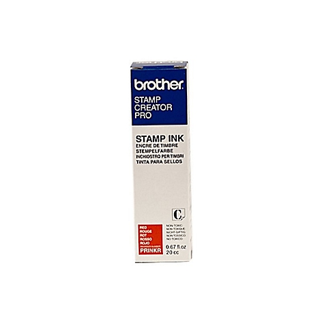 Weiße Verpackung für Brother Stempelfarbe in Rot, mit blauem Schriftzug und Produktinformationen.