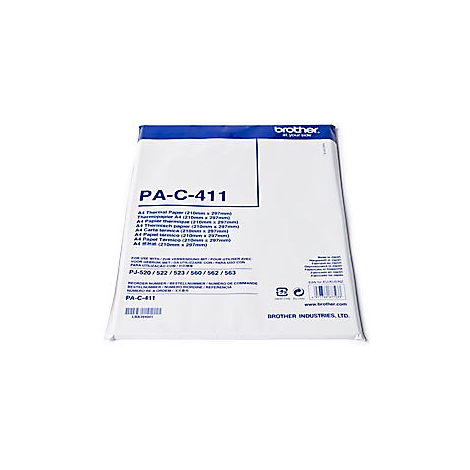 Ein weißes Papierpaket mit blauem Logo und Produktbezeichnung 'PA-C-411'. Aufdrucke umfassen Markenname, Produktdetails und Modellnummern.