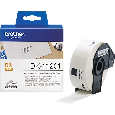 A package of Brother DK-11201 address labels and a roll of them on white paper against a white background.
