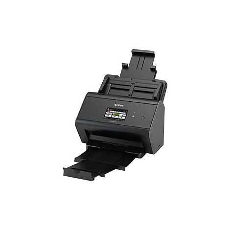 Schwarzer Brother Dokumentenscanner mit Touchscreen-Display vor neutralem Hintergrund.