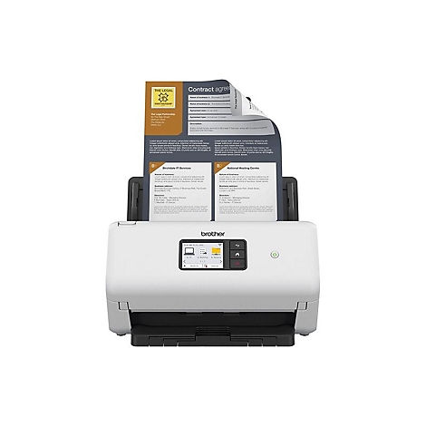Ein weißer Brother Dokumentenscanner mit einem eingelegten Vertrag auf einem weißen Hintergrund.