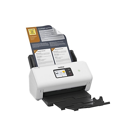 Ein weißer Brother Dokumentenscanner mit eingelegtem Vertragspapier vor einem neutralen Hintergrund.