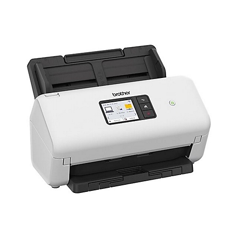 Weißer Brother Dokumentenscanner mit Touchscreen-Display und schwarzer Papierablage vor weißem Hintergrund.