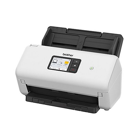 Weißer Brother-Dokumentenscanner mit Touchscreen-Display und schwarzem Papiereinzug vor weißem Hintergrund.