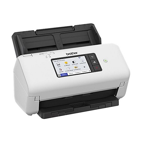 Weißer Brother Dokumentenscanner mit Touchscreen-Display vor neutralem weißem Hintergrund.